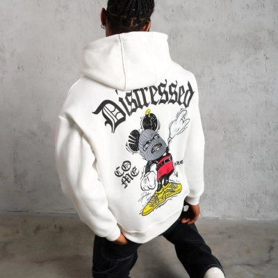 Üç İplik Baskılı Kapüşonlu Sweat - Beyaz -