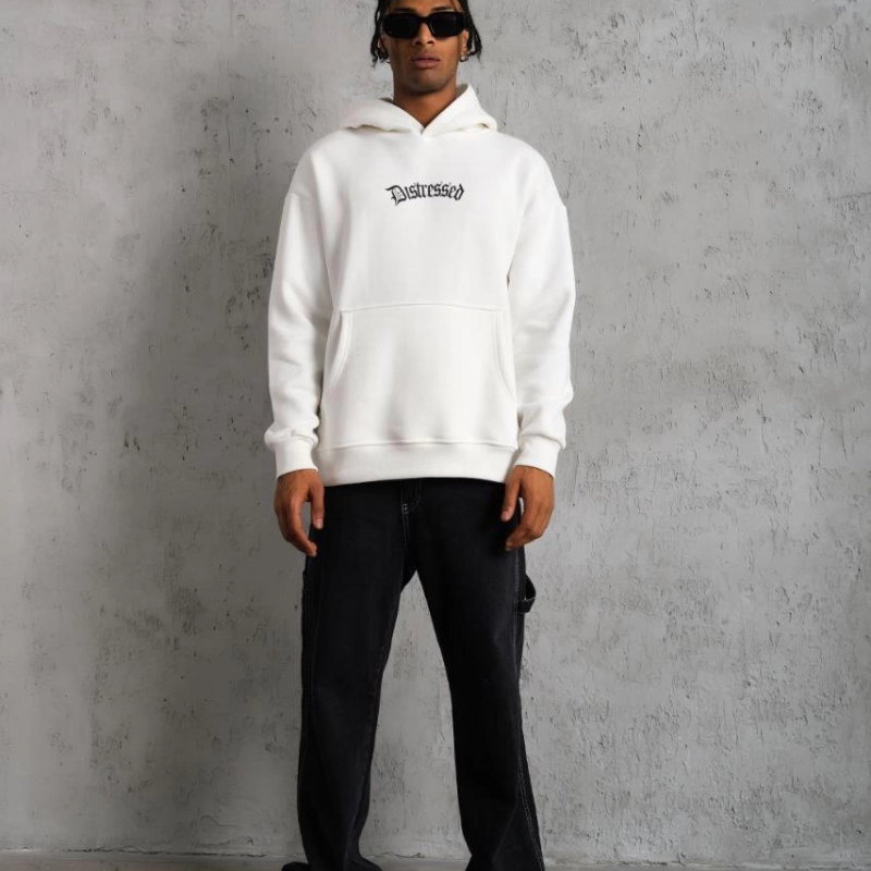 Üç İplik Baskılı Kapüşonlu Sweat - Beyaz -