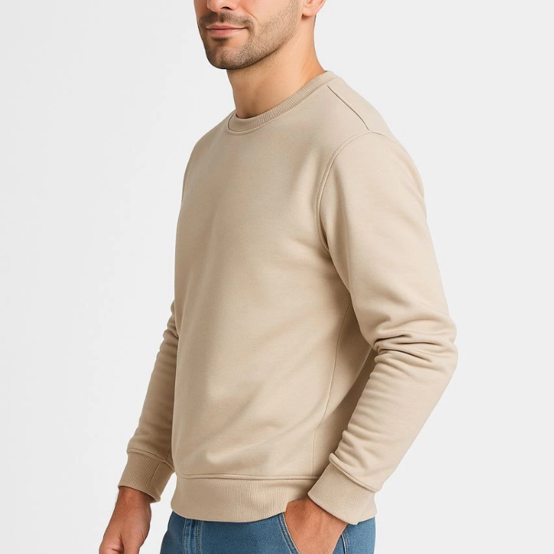 Üç İplik Düz Bisiklet Yaka SweatShirt - Bej -