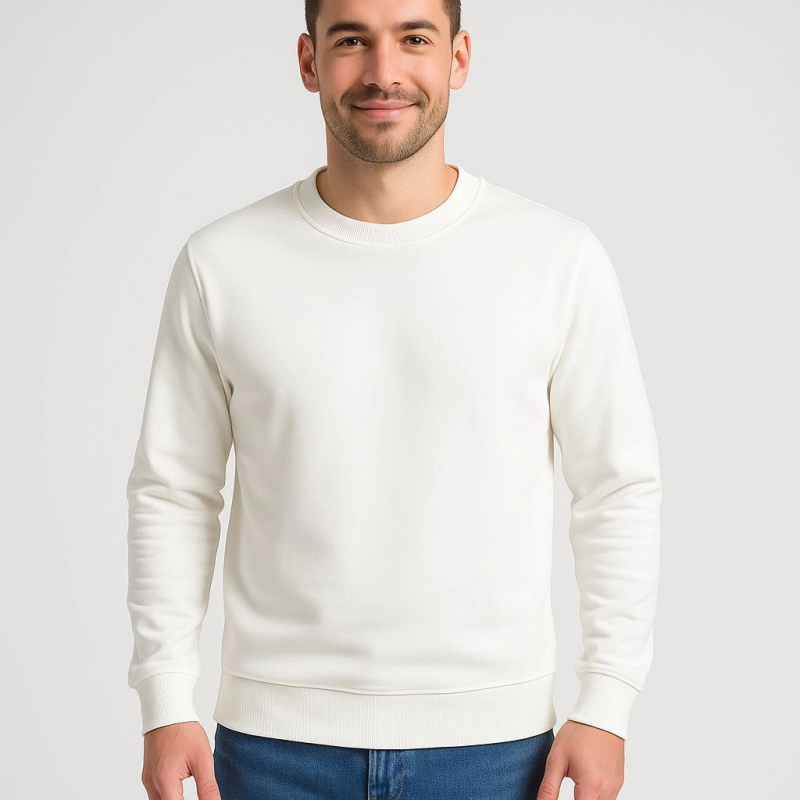 Üç İplik Düz Bisiklet Yaka SweatShirt - Beyaz -