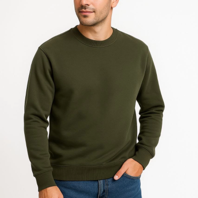 Üç İplik Düz Bisiklet Yaka SweatShirt - Haki