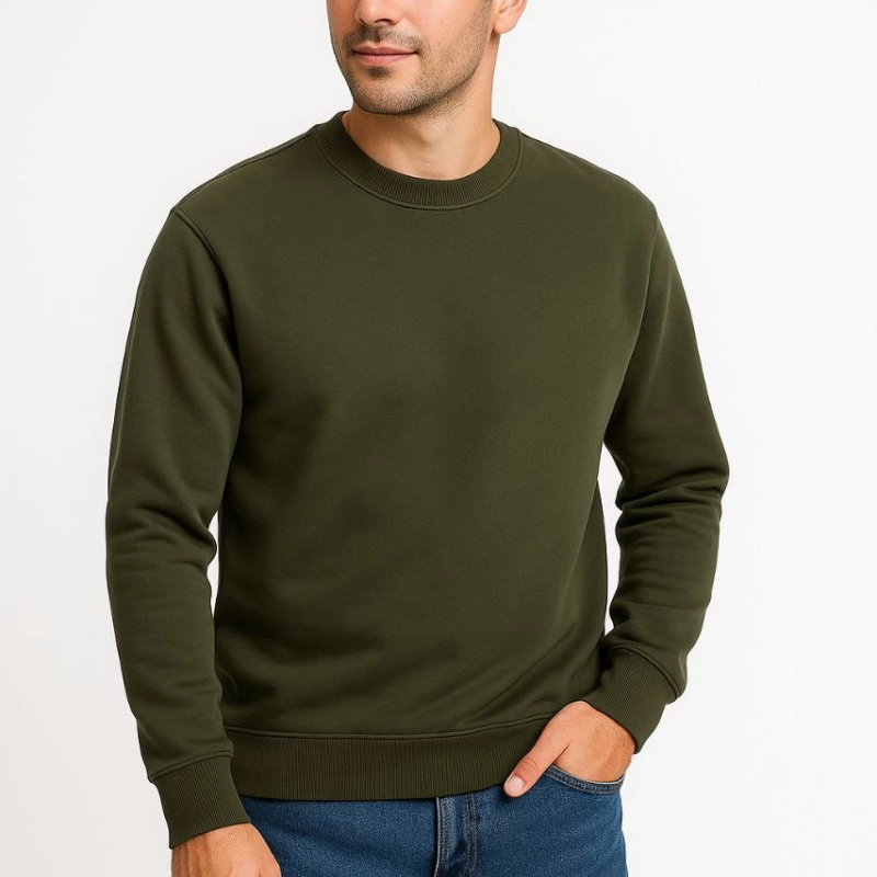 Üç İplik Düz Bisiklet Yaka SweatShirt - Haki