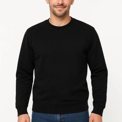 Üç İplik Düz Bisiklet Yaka SweatShirt - Siyah -
