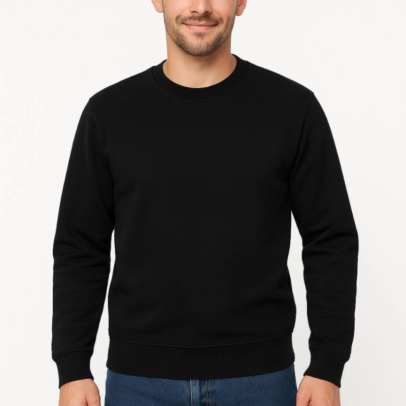 Üç İplik Düz Bisiklet Yaka SweatShirt - Siyah -