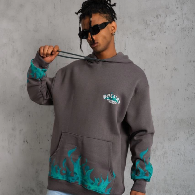 Üç İplik İçi Pamuklu Alev Baskılı Kapüşonlu Sweatshirt - Gri