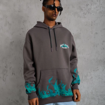 Üç İplik İçi Pamuklu Alev Baskılı Kapüşonlu Sweatshirt - Gri