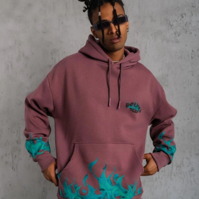 Üç İplik içi Pamuklu Alev Baskılı Kapüşonlu Sweatshirt - Gül Kurusu