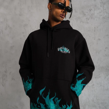 Üç İplik İçi Pamuklu Alev Baskılı Kapüşonlu Sweatshirt - Siyah