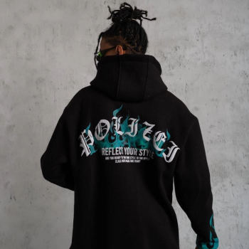 Üç İplik İçi Pamuklu Alev Baskılı Kapüşonlu Sweatshirt - Siyah