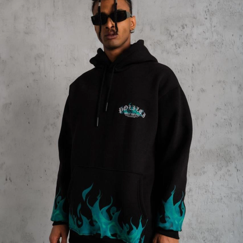 Üç İplik İçi Pamuklu Alev Baskılı Kapüşonlu Sweatshirt - Siyah