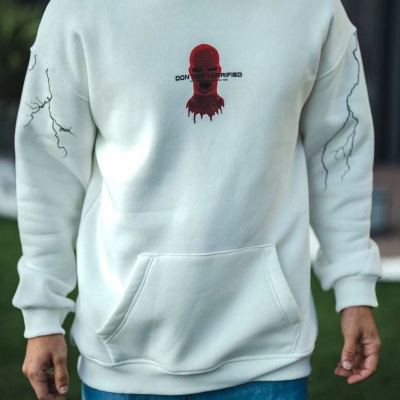 Üç İplik Kapüşonlu Baskılı Oversize SweatShirt- Beyaz
