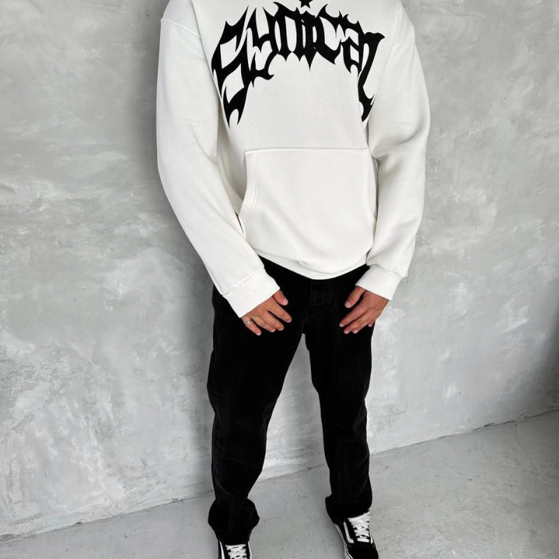 Üç İplik Kapüşonlu Baskılı SweatShirt - Beyaz -