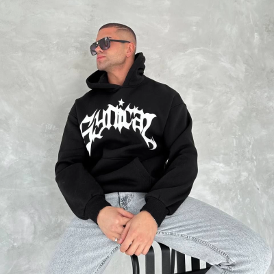 Üç İplik Kapüşonlu Baskılı SweatShirt - Siyah -