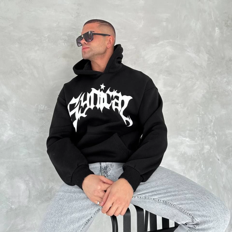 Üç İplik Kapüşonlu Baskılı SweatShirt - Siyah -