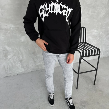 Üç İplik Kapüşonlu Baskılı SweatShirt - Siyah -