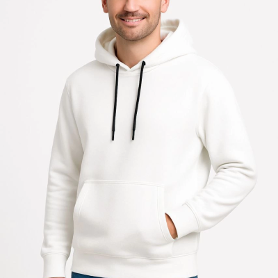 Üç İplik Kapüşonlu Kanguru Cepli SweatShirt hoodie - Beyaz -