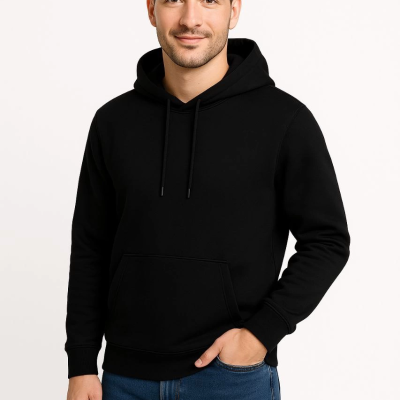 Üç İplik Kapüşonlu Kanguru Cepli SweatShirt hoodie - Siyah -