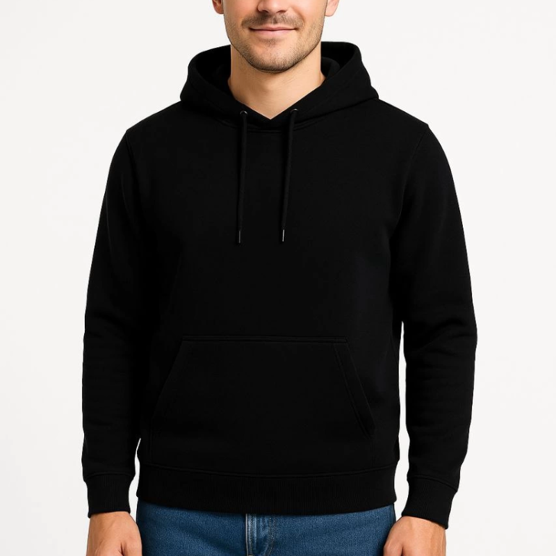 Üç İplik Kapüşonlu Kanguru Cepli SweatShirt hoodie - Siyah -