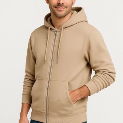 Üç İplik Kapüşonlu Tam Fermuarlı Kanguru Çepli SweatShirt Hoodie - Bej -