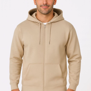 Üç İplik Kapüşonlu Tam Fermuarlı Kanguru Çepli SweatShirt Hoodie - Bej -