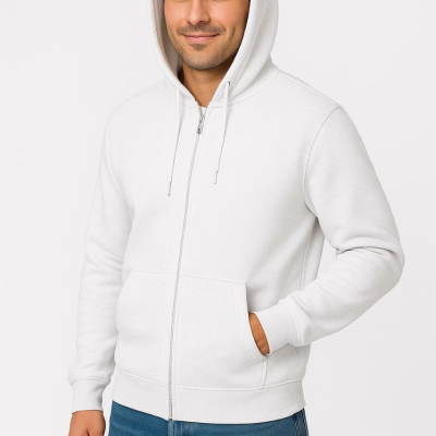 Üç İplik Kapüşonlu Tam Fermuarlı Kanguru Cepli SweatShirt Hoodie - Beyaz -