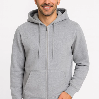 Üç İplik Kapüşonlu Tam Fermuarlı Kanguru Çepli SweatShirt Hoodie - Gri -
