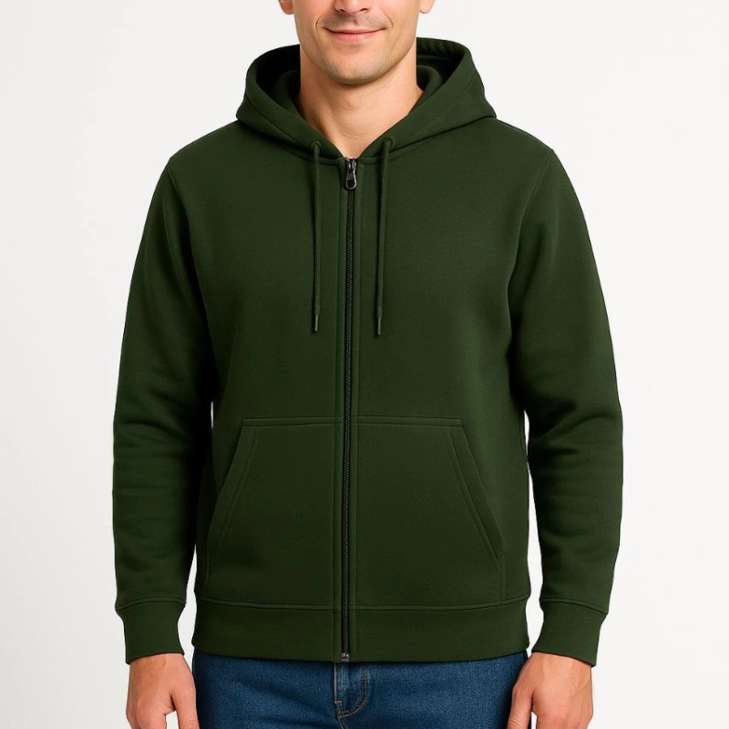 Üç İplik Kapüşonlu Tam Fermuarlı Kanguru Cepli Sweatshirt Hoodie - Haki -