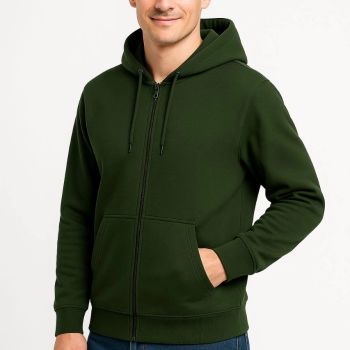 Üç İplik Kapüşonlu Tam Fermuarlı Kanguru Cepli Sweatshirt Hoodie - Haki -