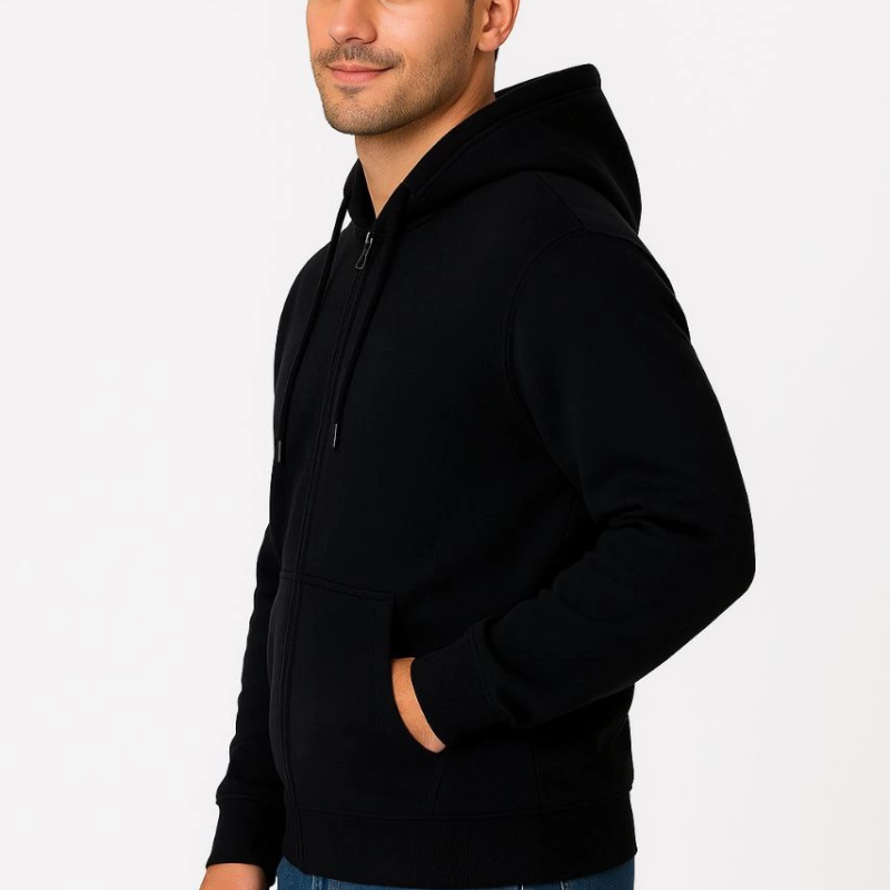 Üç İplik Kapüşonlu Tam Fermuarlı Kanguru Çepli SweatShirt Hoodie - Siyah -