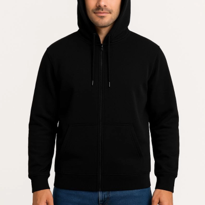 Üç İplik Kapüşonlu Tam Fermuarlı Kanguru Çepli SweatShirt Hoodie - Siyah -