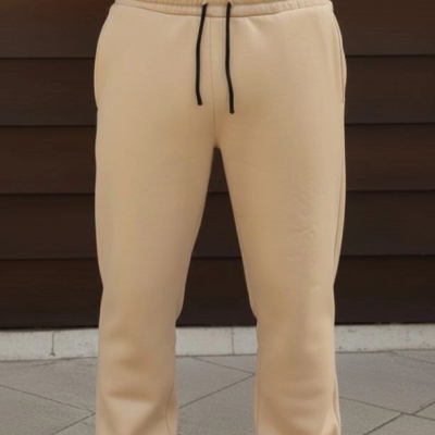 Üç iplik Kışlık Pamuklu Ovarsize Bağcıklı Düz Paça Cepli Eşofman Altı Spor Rahat Model - Bej