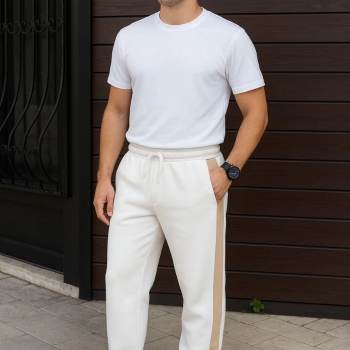 Üç İplik Kışlık Pamuklu Yandan Garneli Kalın Bej Şeritli Cepli Eşofman Altı - Beyaz