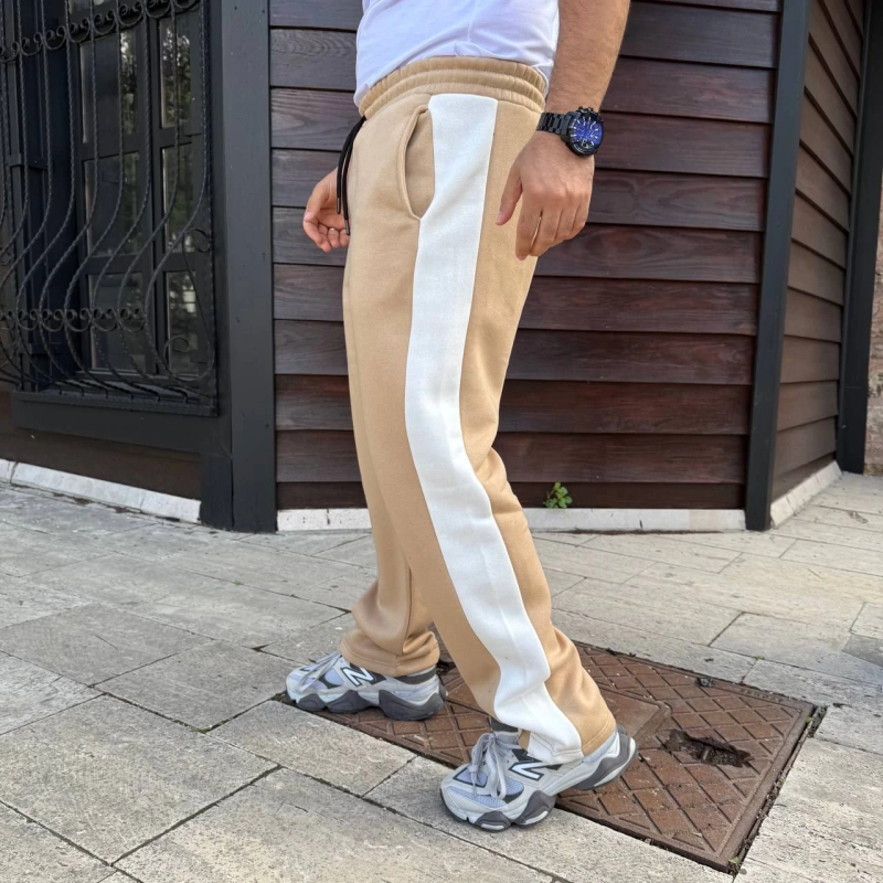 Üç İplik Kışlık Pamuklu Yandan Garneli Kalın Şeritli Cepli Eşofman Altı - Bej