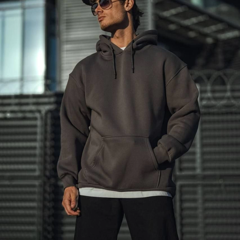 Üç İplik Penye Kapşonlu Basic SweatShirt - Füme -