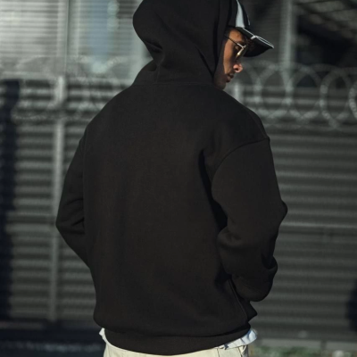 Üç İplik Penye Kapşonlu Basic SweatShirt - Siyah -