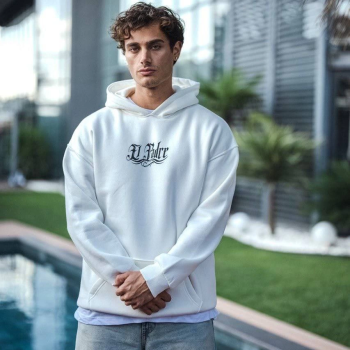 Üç İplik Penye Kapşonlu Baskılı SweatShirt - Beyaz -