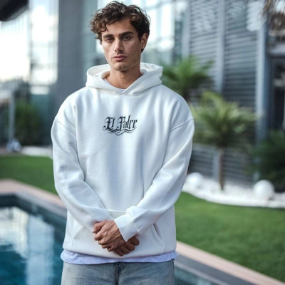 Üç İplik Penye Kapşonlu Baskılı SweatShirt - Beyaz -