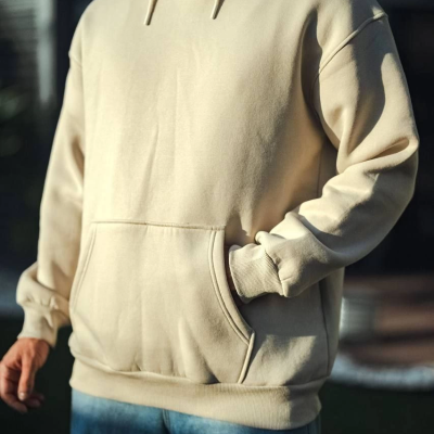 Üç İplik Penye kapüşonlu Basic SweatShirt - Bej