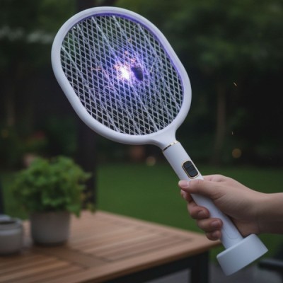 USB Şarjlı Standlı Şarj Göstergeli UV Işıklı Beyaz Sinek Öldürme Raketi