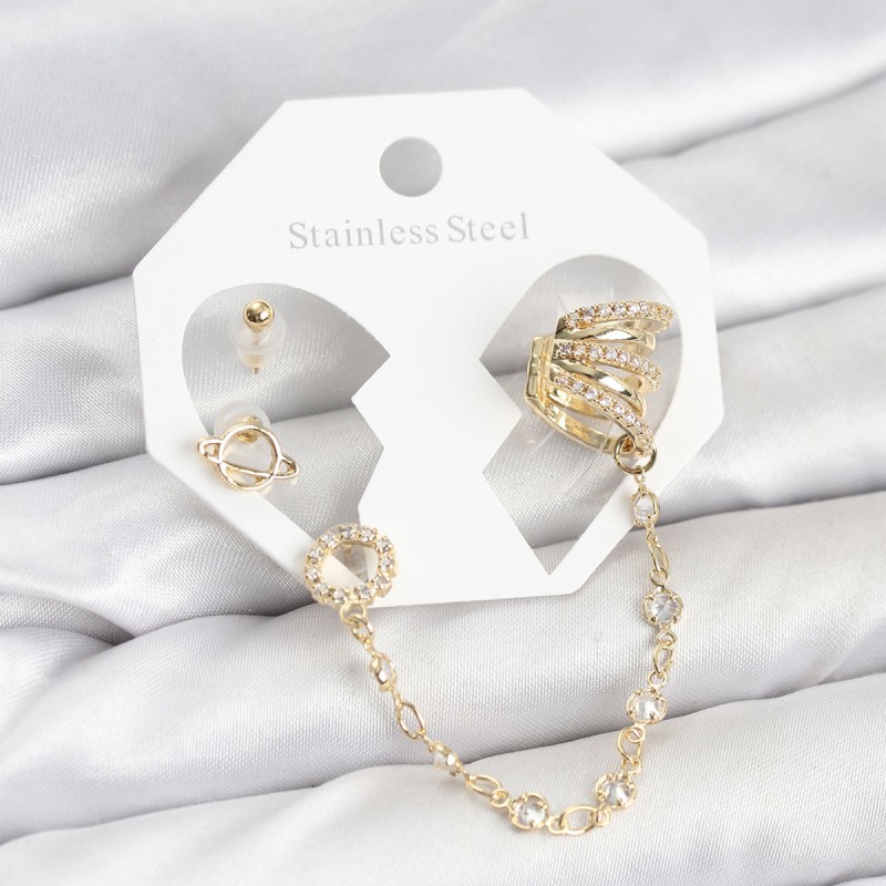 Uzay Model Pirinç Gold Renk Zincir Bağlantılı Ear Cuff Küpe Seti