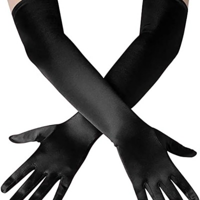 Uzun Boy Ekstra Parlak Saten Eldiven Siyah Renk 