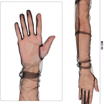 Uzun Boy Likralı Siyah Yetişkin Mega Tül Eldiven