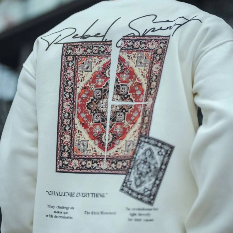 Uzun Kol Bisiklet Yaka Baskılı SweatShirt - Beyaz -