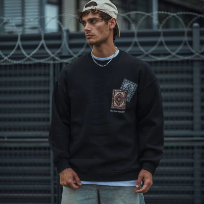 Uzun Kol Bisiklet Yaka Baskılı SweatShirt - Siyah -