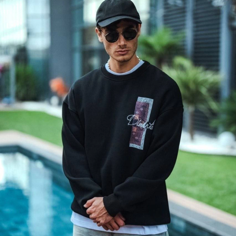 Uzun Kol Bisiklet Yaka Ön ve Arka Baskılı SweatShirt - Siyah -