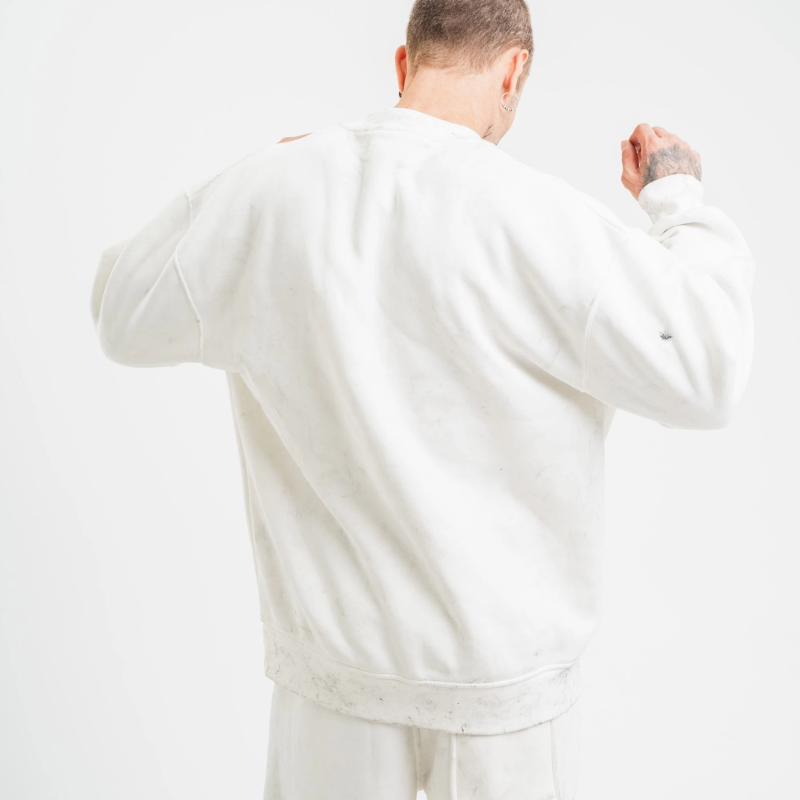 Uzun Kol Bisiklet Yaka Yıkamalı SweatShirt - Beyaz -