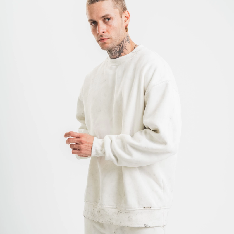 Uzun Kol Bisiklet Yaka Yıkamalı SweatShirt - Beyaz -