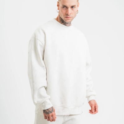 Uzun Kol Bisiklet Yaka Yıkamalı SweatShirt - Beyaz -