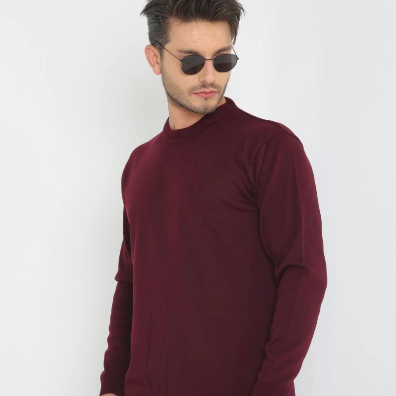 Uzun Kol Biskilet Yaka Dokuma Triko - Bordo