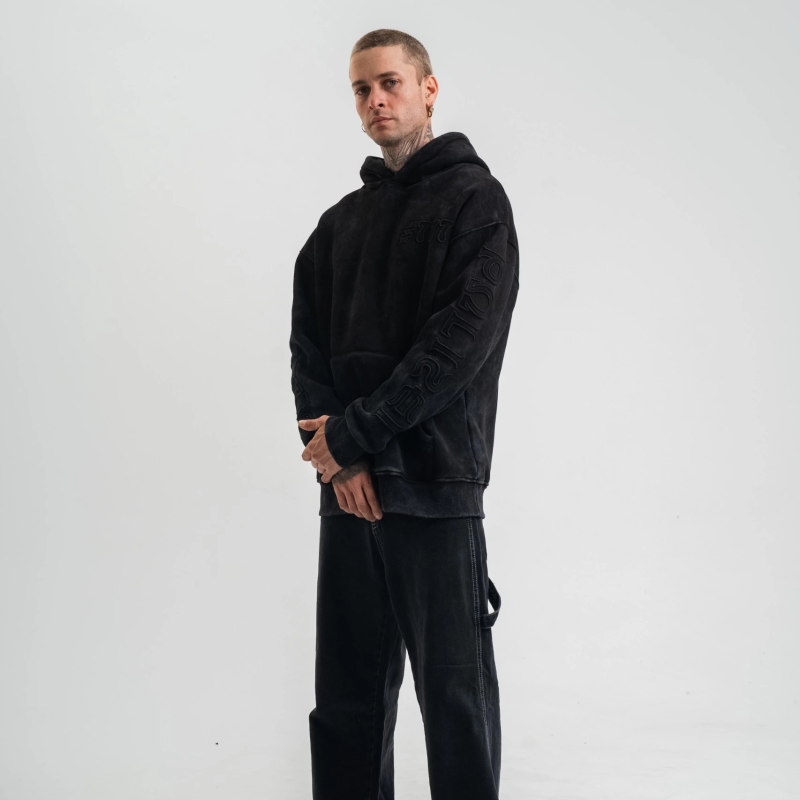 Uzun Kol Kapşonlu Yıkamalı Nakışlı SweatShirt - Siyah